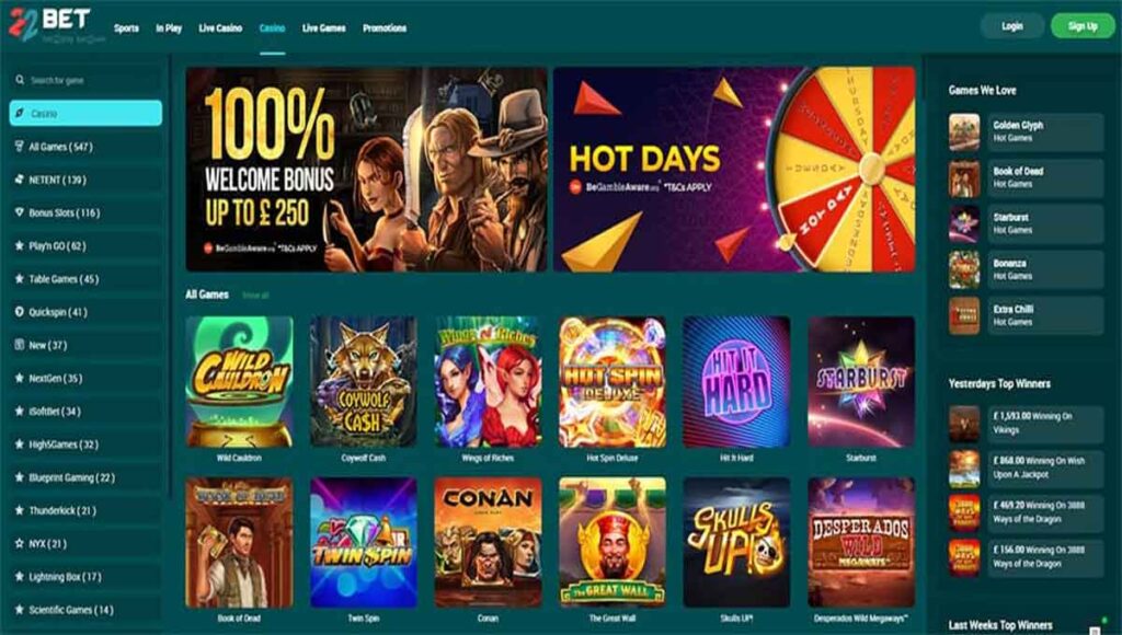 Game Selection In 22Bet Casino