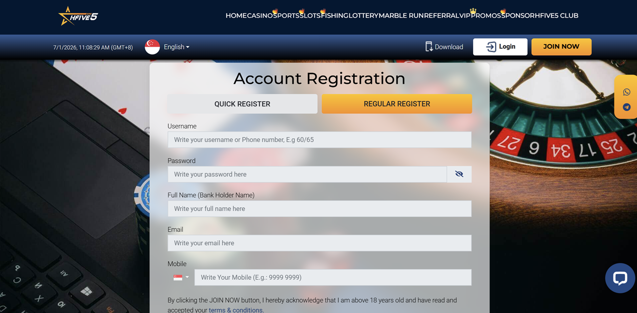Hfive5 Casino Singapore Regiser