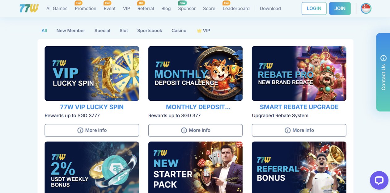 77W Online Casino Singapore Promotions