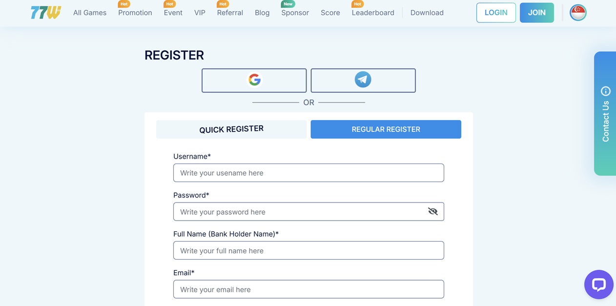 77W Online Casino Singapore Register